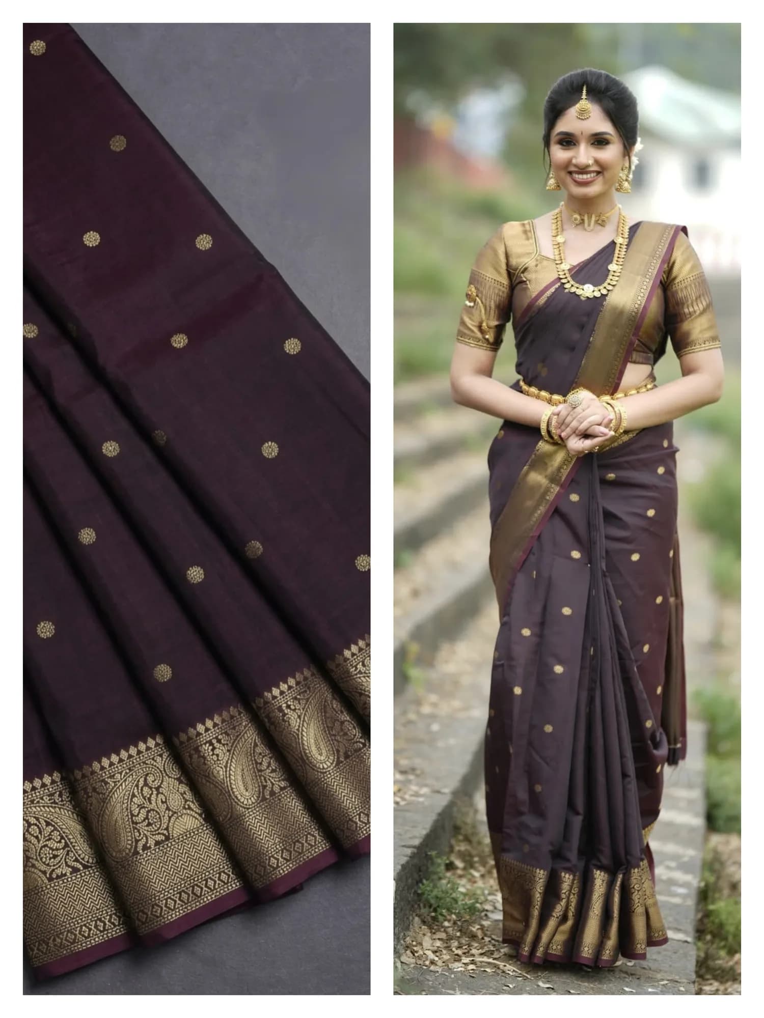 Instagram Trending Banarasi Semi Katan Semi Silk Saree Brocade blouse(Coffee Brown Colour)