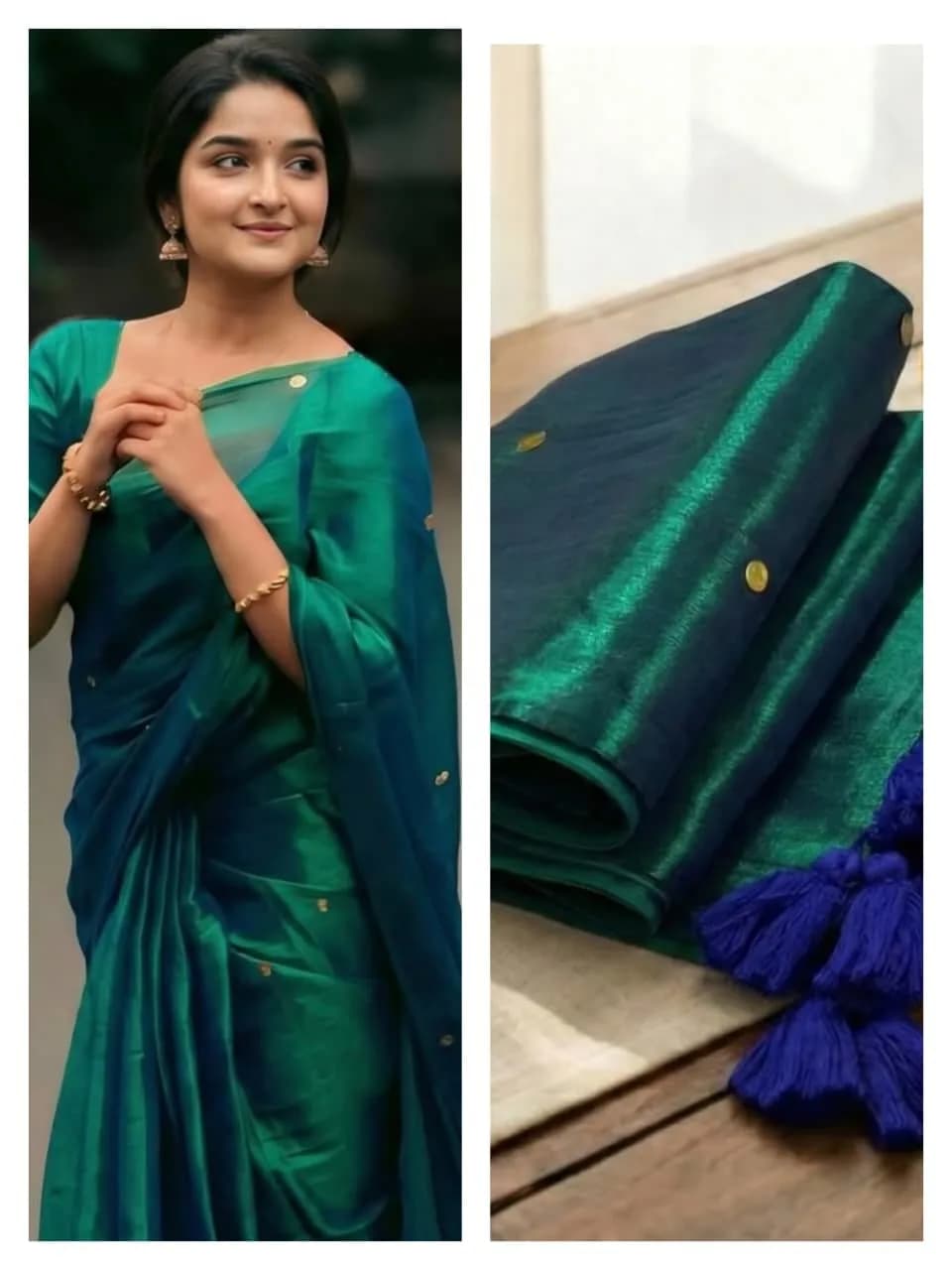 Dual Tone Khadi Tissue Gini work saree With Blouse(Peacock Green Colour)