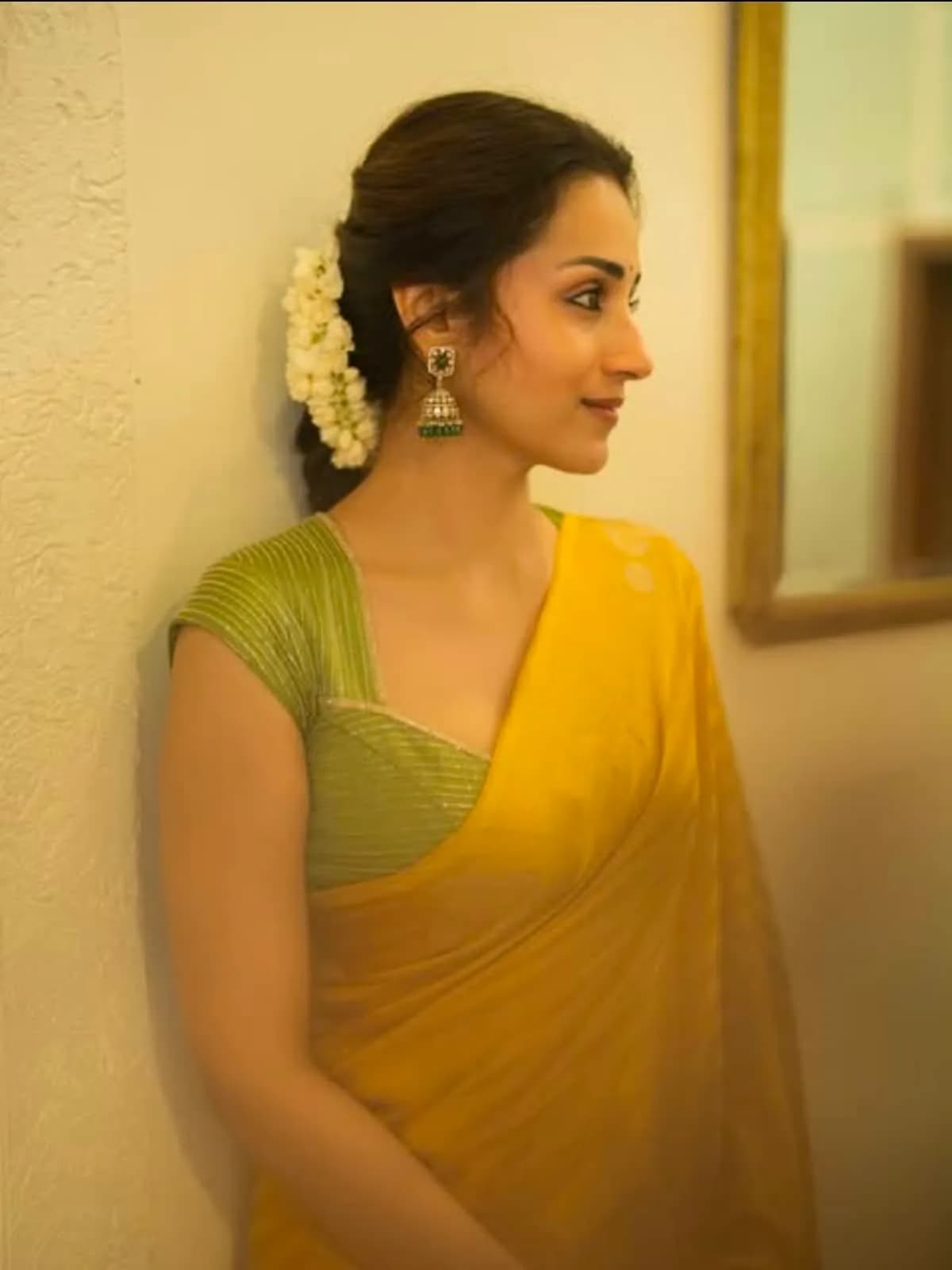 Trisha Inspired Semi Silk Saree(Mango Yellow Colour)