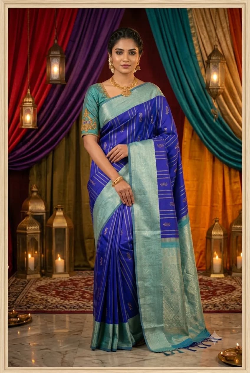 Vaira Oosi Silk Saree With Aari Work Blouse(Royal Blue Colour)