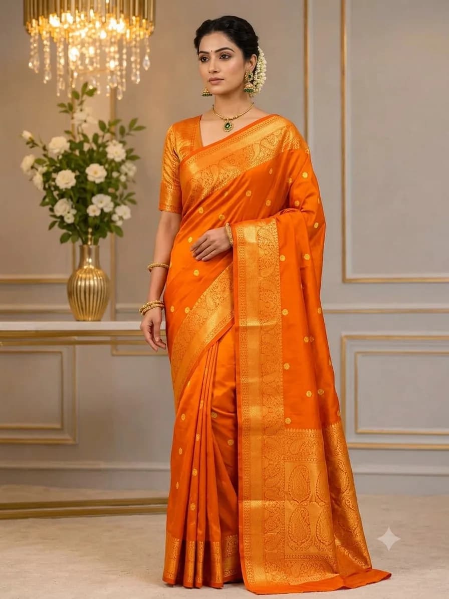 Instagram Trending Banarasi Semi Katan Semi Silk Saree With Brocade Blouse(Bright Orange Colour)