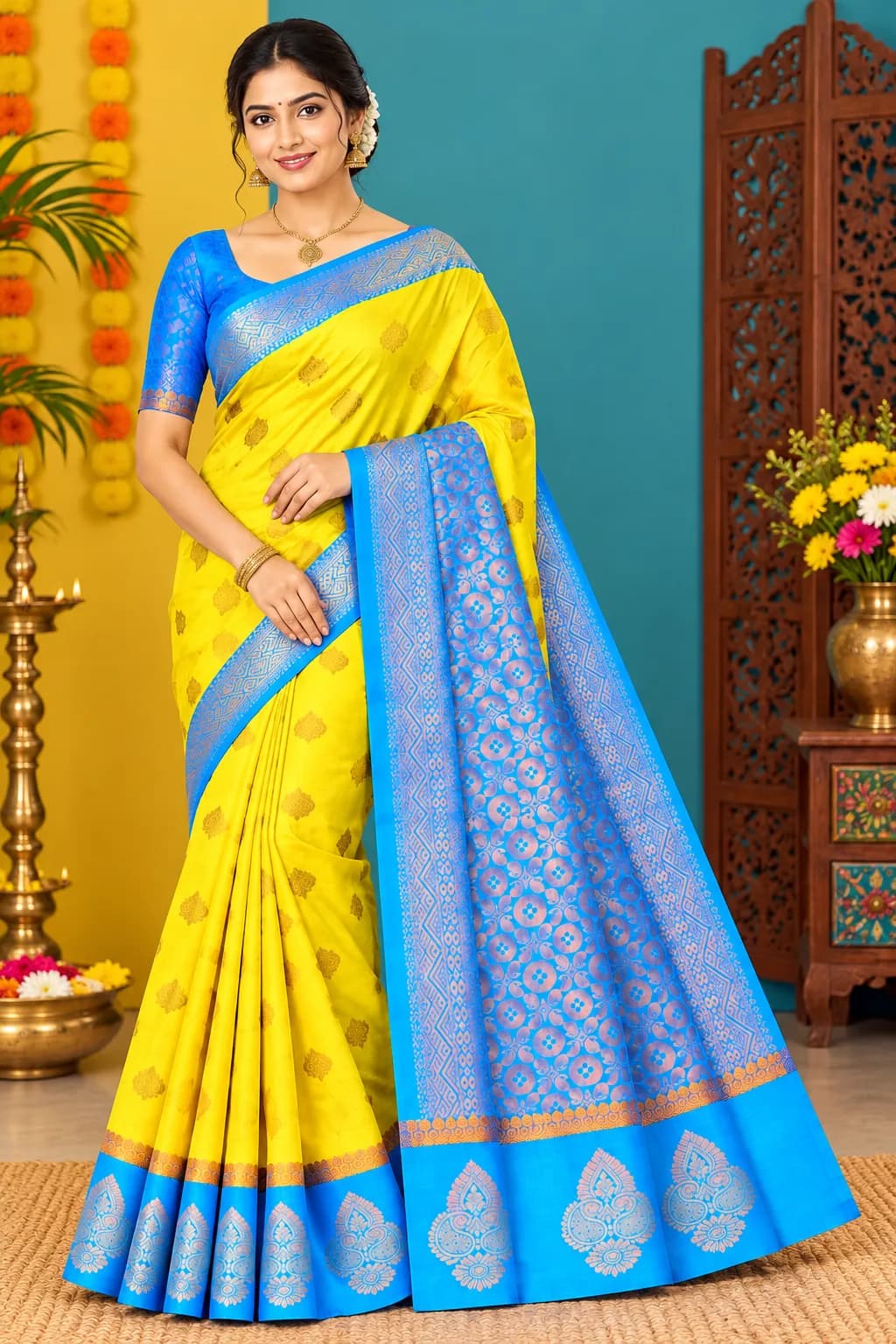 Uppada Kottanchi Contrast Border Silk Cotton Saree With Blouse(Yellow Colour)