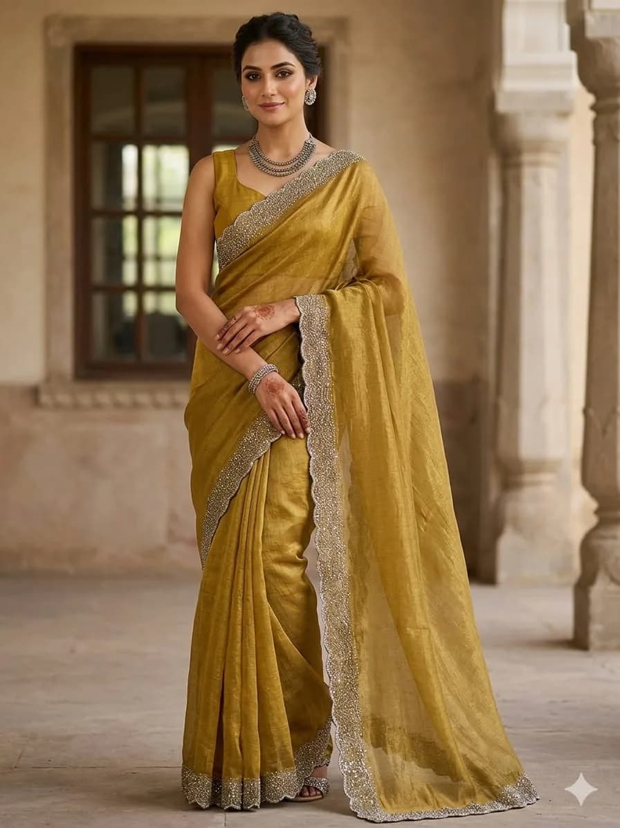 Fancy Stone Work Space Silk Saree With Running Blouse(Mustard Yellow Colour)