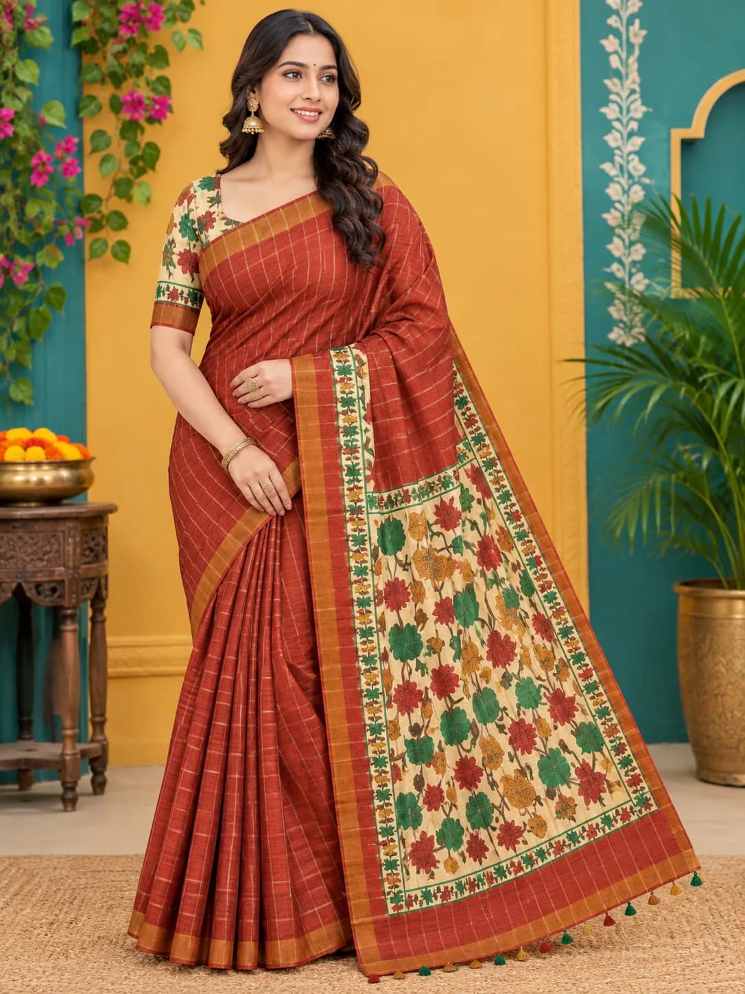 Malai Silk Fancy saree With Blouse( Brick Red Colour)