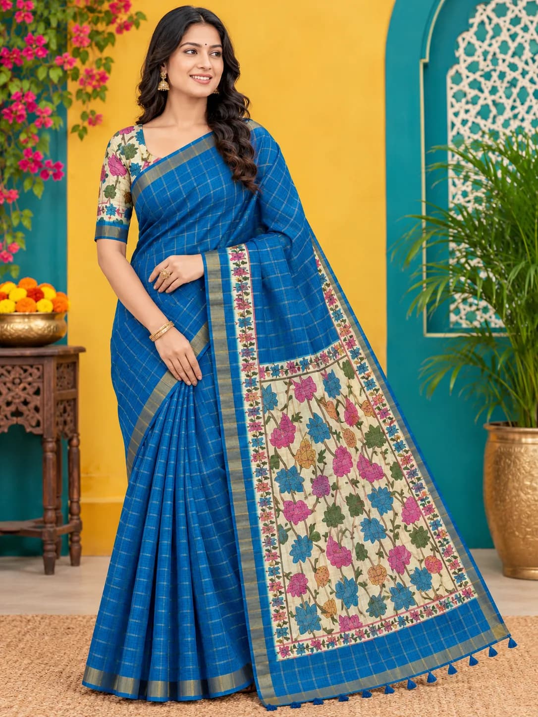 Malai Silk Fancy saree With Blouse( Royal Blue Colour)