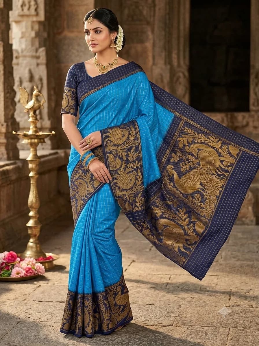 sungudi BIg border saree With Blouse(Blue Colour)