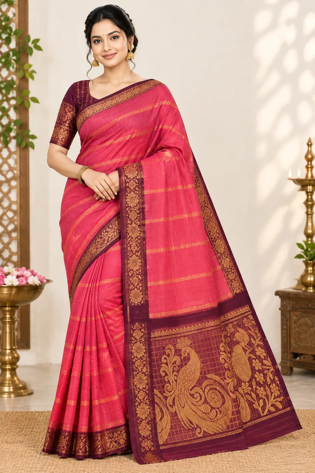 Sungudi BIg Border Saree With Blouse(Rani Pink Colour)