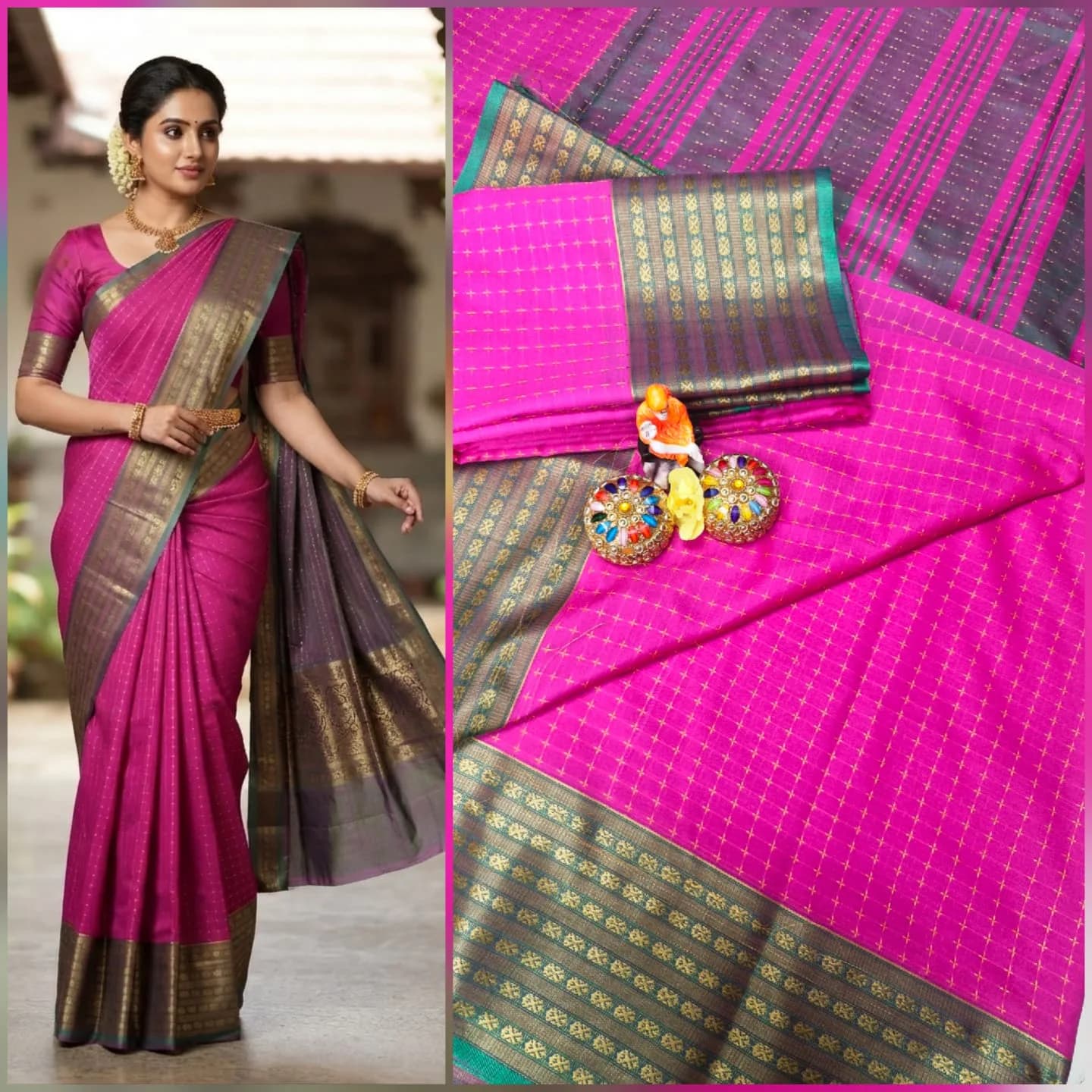Aarani Soft Silk Saree With Contrast Blouse(Pink Colour)