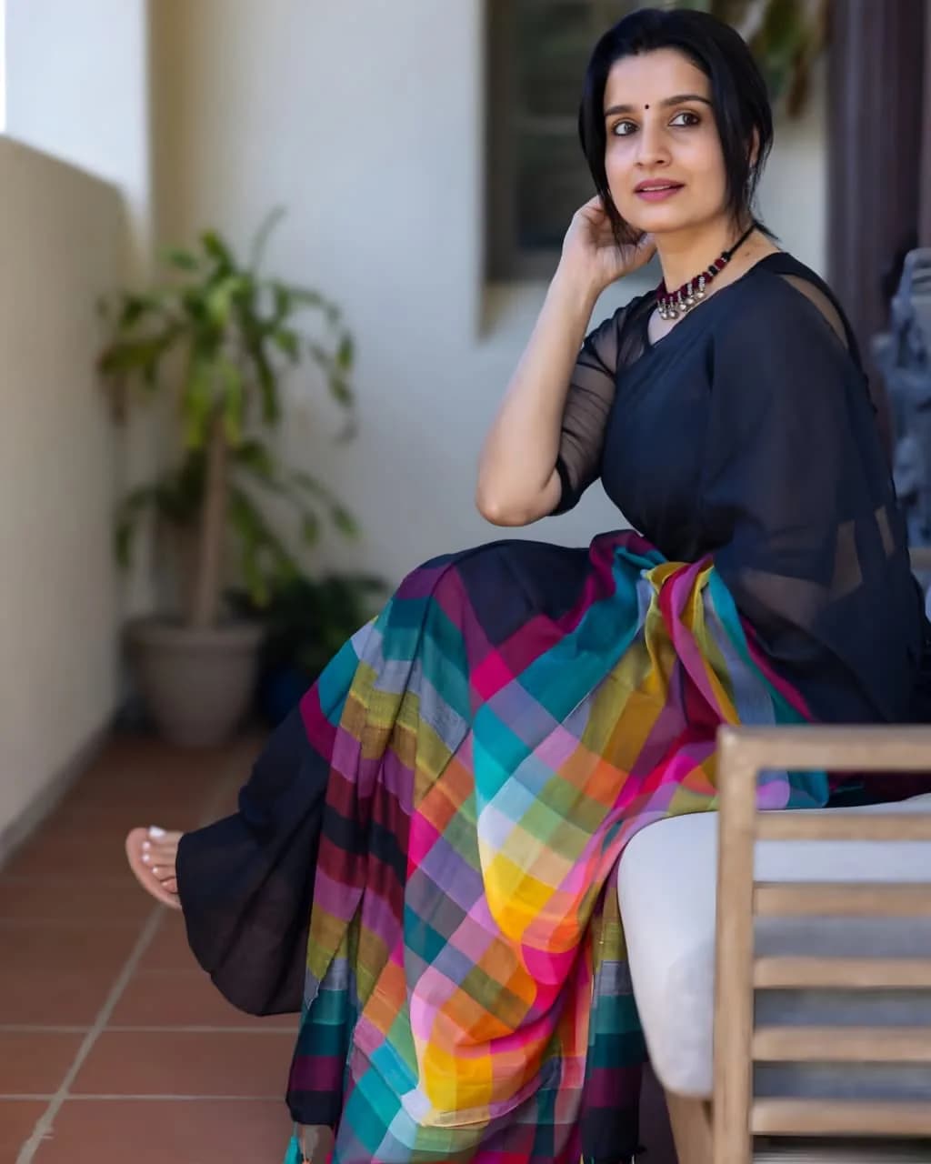 Trending khadi cotton Rainbow Saree With Blouse( Multi colour )