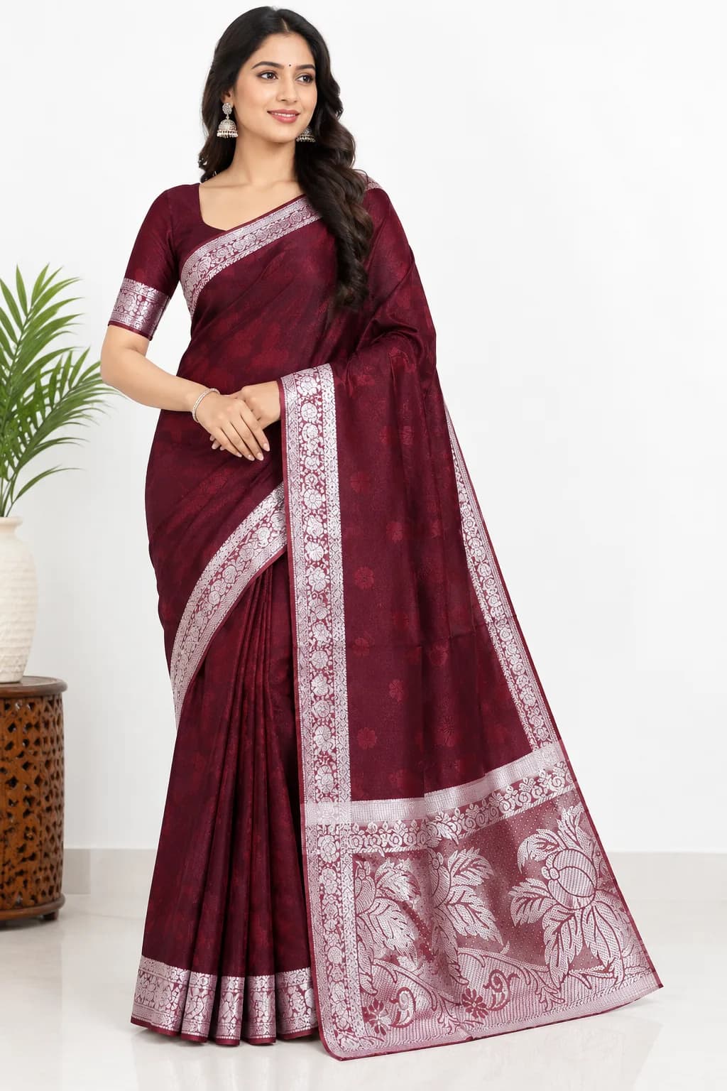 3D Embossed Karizma Silk Saree(Wine Red Colour)
