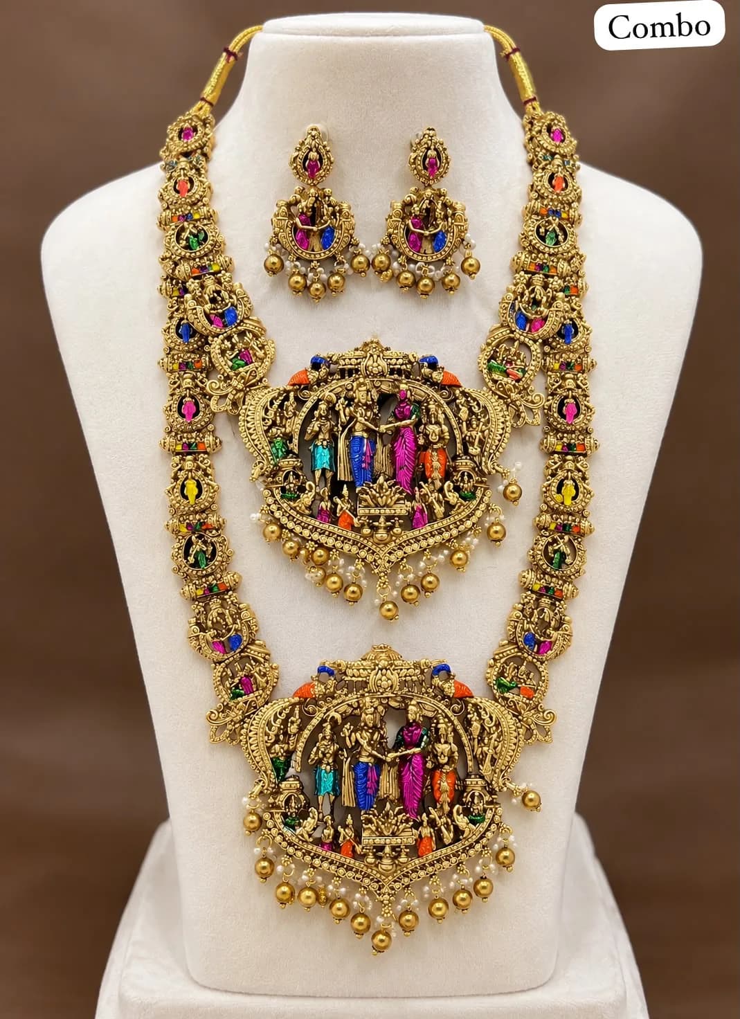 Seetha Kalyanam Antique Gold Finish Necklace & Long Haram Set with Matching Earrings | South Indian Temple Bridal Jewellery