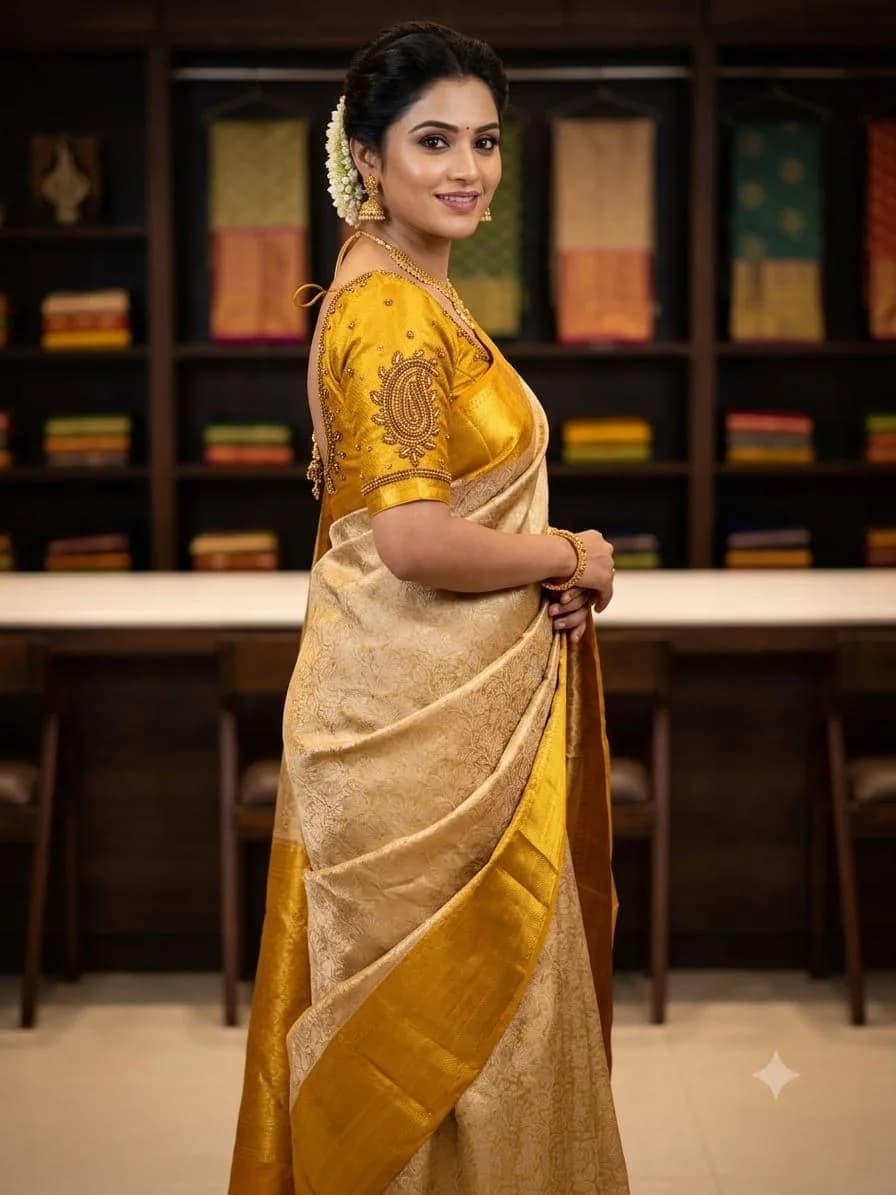 Nita Ambani Inspired Gold Silk Saree with Unstitched Blouse Piece | Celebrity Look Tissue/Kanjivaram Style Bridal Saree