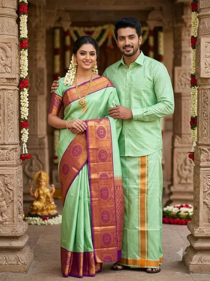 Couple combo set (Shirt - Dhoti + Bridal semi silk saree)-Light mint green Colour