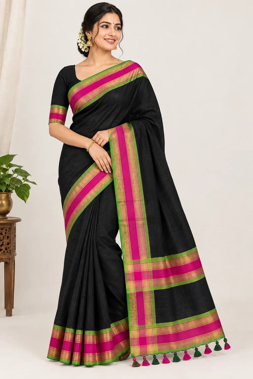 Kerala Double Petta Mul Cotton Saree(Black Colour)