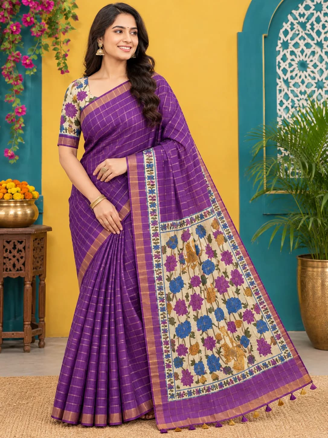 r Malai Silk Fancy saree With Blouse( Brinjal Purple Colour)