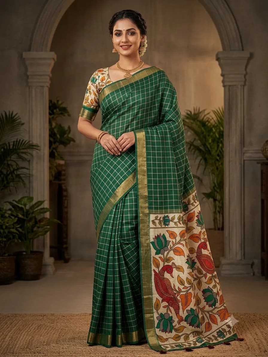 Malai Silk Fancy saree With Blouse(Green Colour)