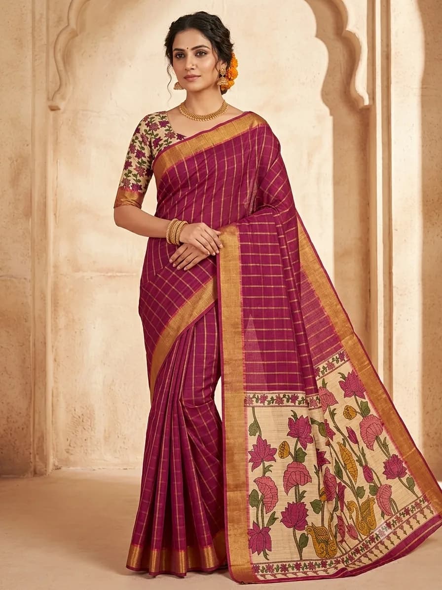 Malai Silk Fancy saree With Blouse(Magenta Pink Colour)