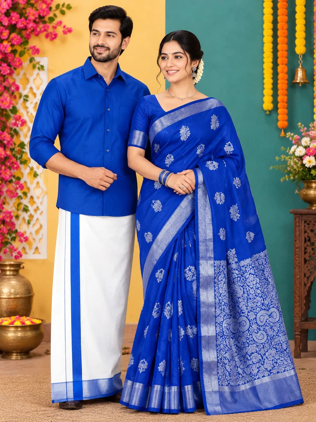 Couple Combo Set(Shirt,Dhoti,Fancy Monica Silk Cotton Saree)-Royal Blue Colour