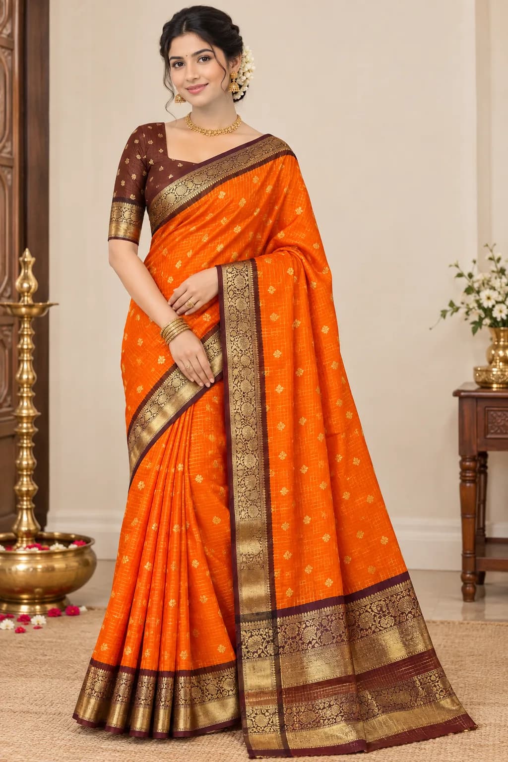 Instagram Most Trending Banarasi Semi Katan Semi Silk Saree With Brocade Blouse(Orange Colour)