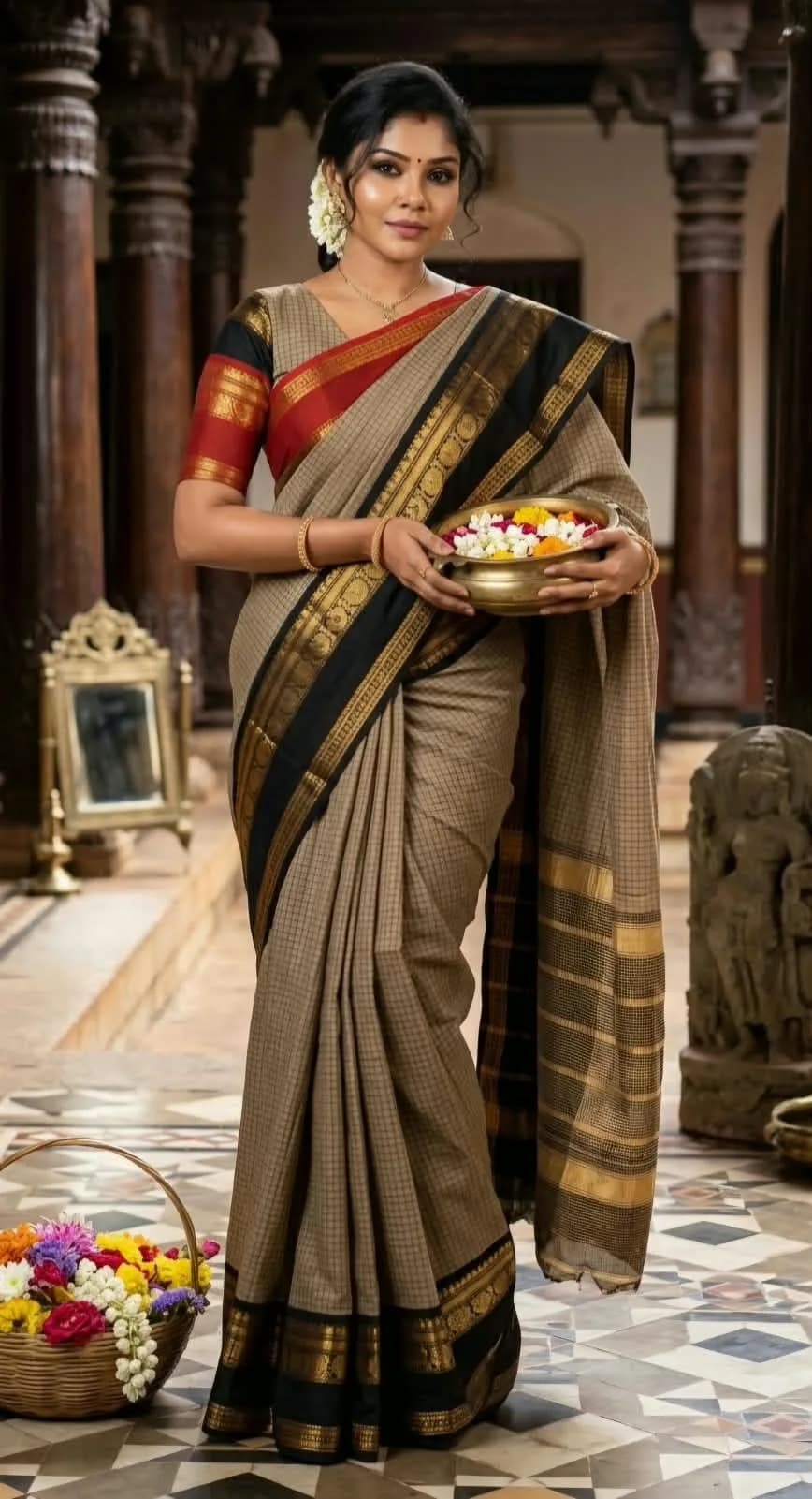 Kanchi Cotton Saree with Running blouse(Light brown Colour)