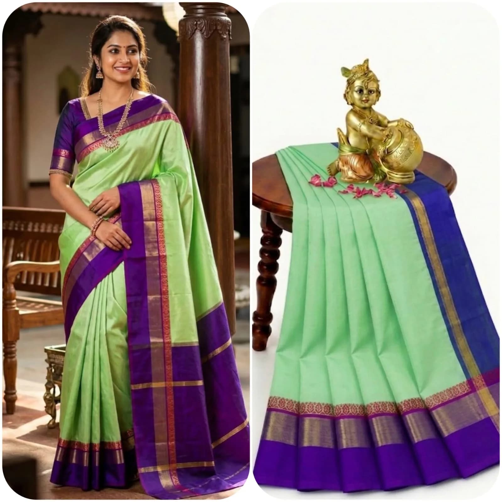 korvai Silk Monika cotton saree With Contrast plain Blouse (pastel sea green Colour)