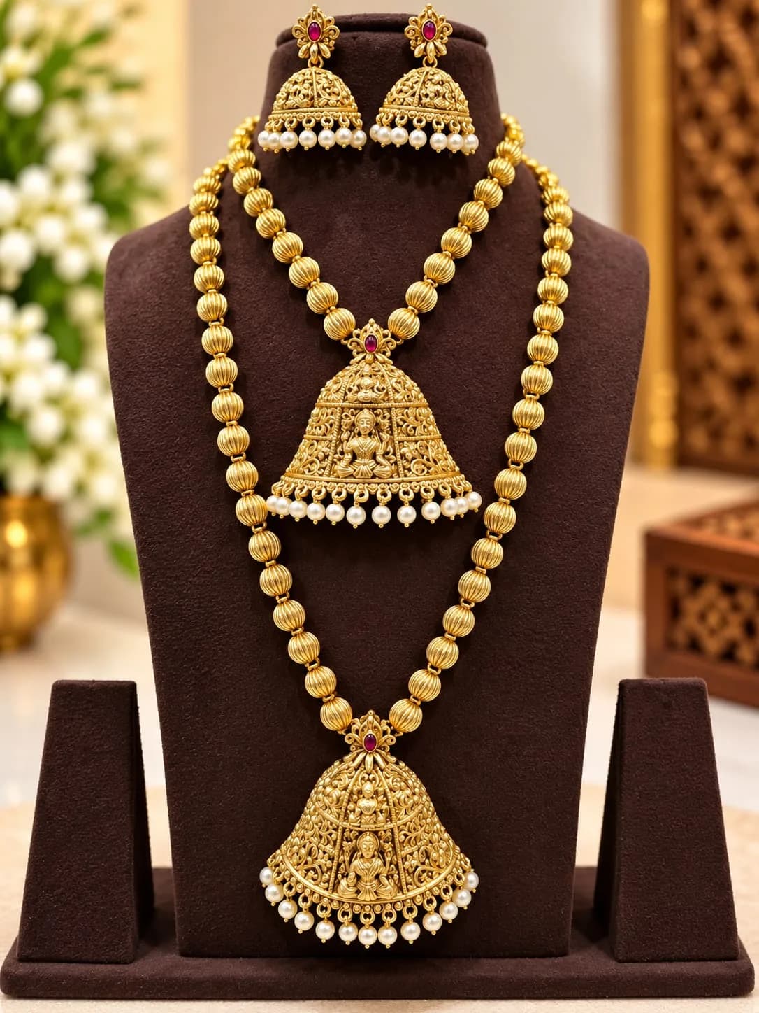 Lakshmi Design Ball Shaped Necklace And Haram Set With Earrings