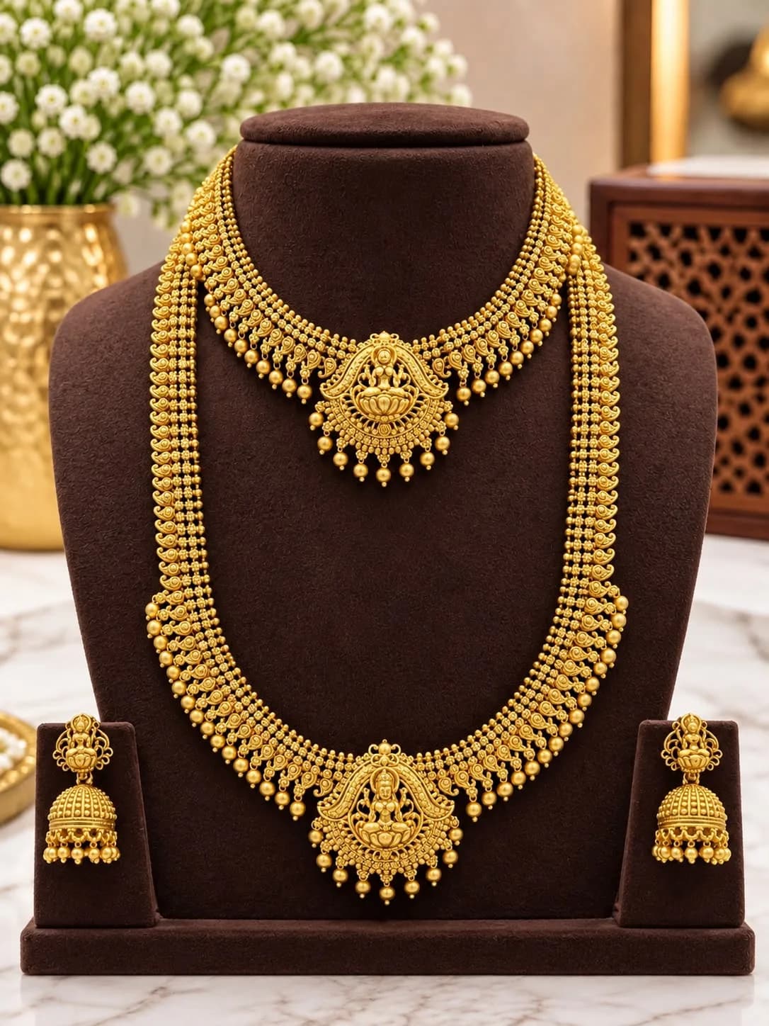Lakshmi Design Necklace And Haram With Jhumka Earring