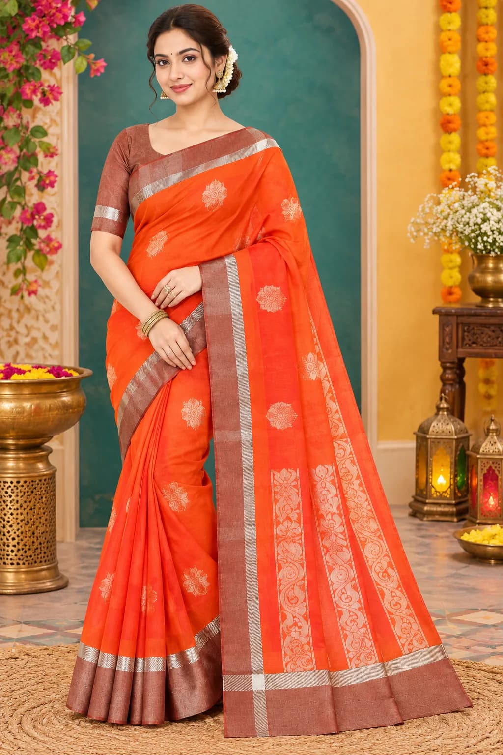 Fancy Monica Silk Cotton Saree with Running Blouse(Orange Colour)