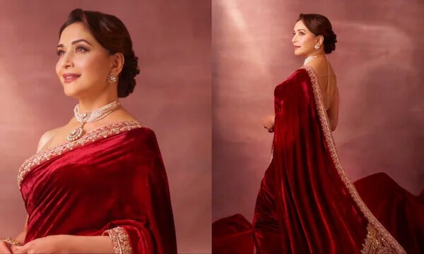 Madhuri Dixit Exudes Vintage Charm In A Wine Red Velvet Saree And Pearl Choker