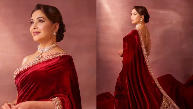 Madhuri Dixit Exudes Vintage Charm In A Wine Red Velvet Saree And Pearl Choker