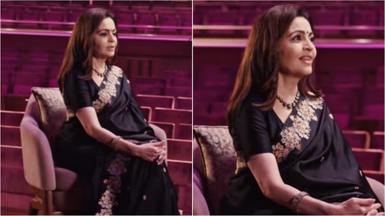 Nita Ambani Exudes Grace And Elegance In A Black Silk Saree Adorned With Floral Embroidery