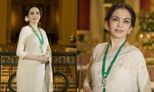 Nita Ambani Stuns in a White Anamika Khanna Saree with Exquisite Chikankari Embroidery