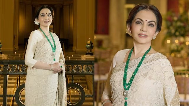 Nita Ambani Stuns in a White Anamika Khanna Saree with Exquisite Chikankari Embroidery