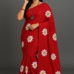 Linen Cotton Saree With Blouse(Red Colour)
