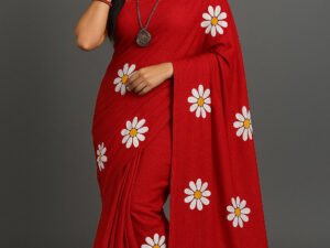 Linen Cotton Saree With Blouse(Red Colour)