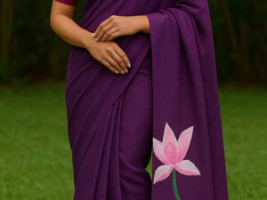 Lotus Khadi Cotton Saree With Blouse(Purple Colour)