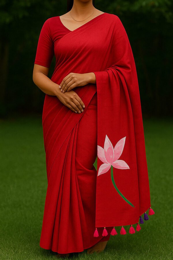 Lotus Khadi Cotton Saree With Blouse(Red Colour)