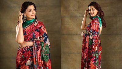 Bright colors and sparkle are key components of Sonali Bendre's minimalist saree moment