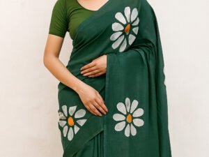 Linen Cotton Saree With Blouse(Green Colour)