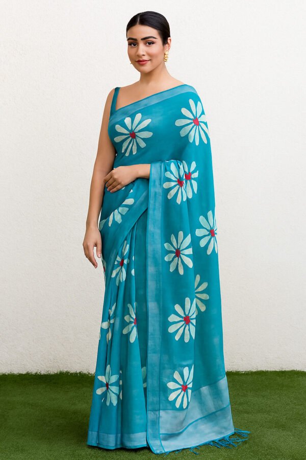 Fancy Cotton Saree With Blouse(Sky Blue Colour)
