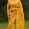 Fancy Cotton Saree With Blouse(Yellow Colour)