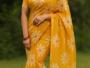 Fancy Cotton Saree With Blouse(Yellow Colour)