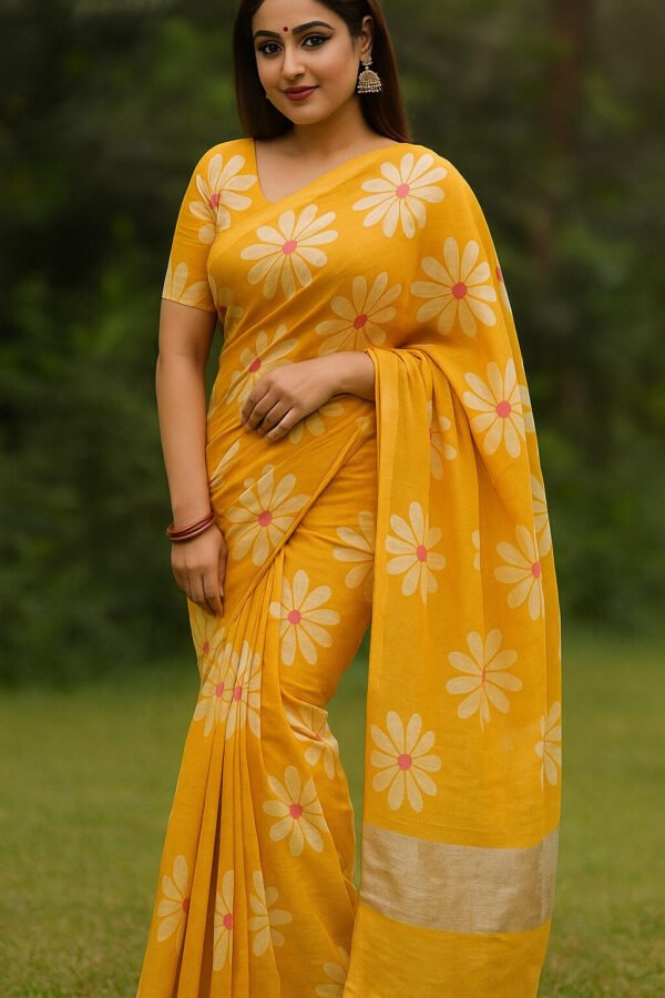 Fancy Cotton Saree With Blouse(Yellow Colour)