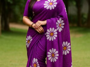 Linen Cotton Saree With Blouse(Purple Colour)