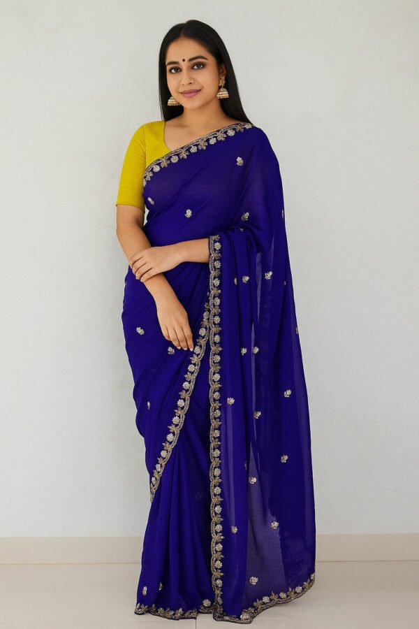 Crunch Saree with Designer Blouse(Ink Blue Colour)