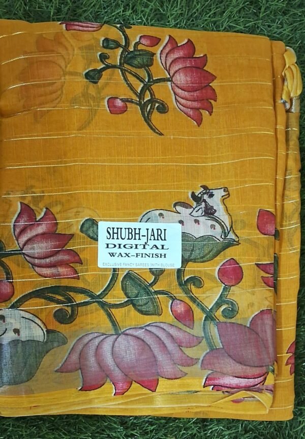 Linen Digital Print saree With Blouse(Yellow Colour)