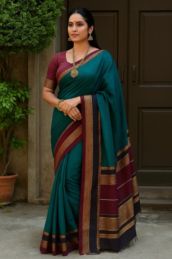 80/s Count Chettinad Cotton Saree Without Blouse(Peacock Blue Colour )