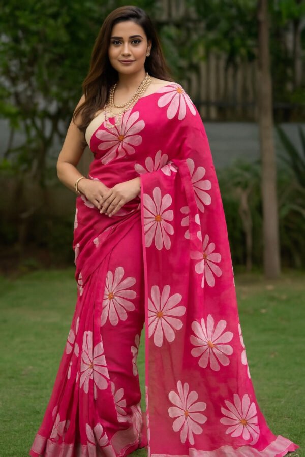 Fancy Cotton Saree With Blouse(Dark Pink Colour)