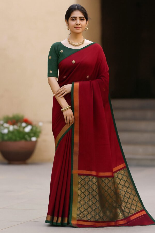 80's Count Chettinad Cotton Saree With Kalamkari Blouse(Red colour)