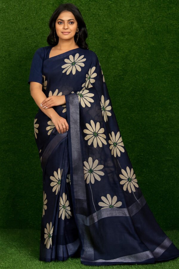 Fancy Cotton Saree With Blouse(Ink Blue Colour)